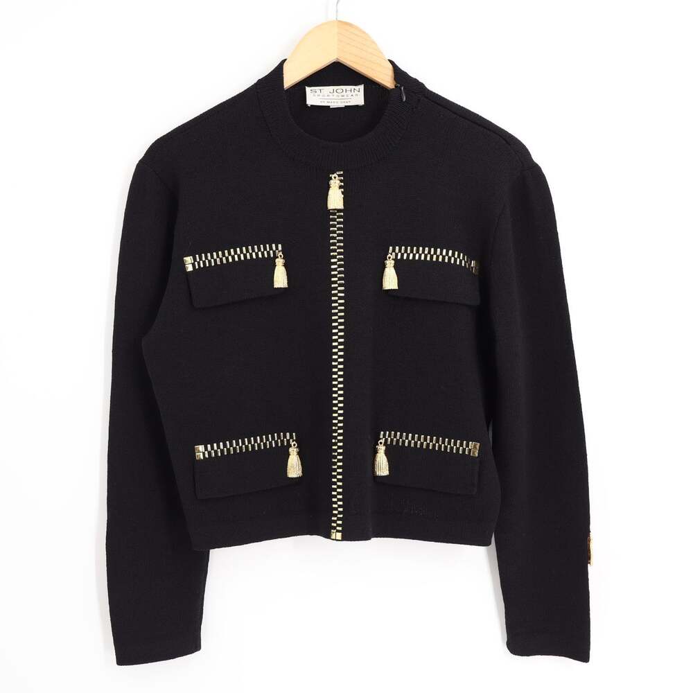 St. John Sportswear M Signature Trompe L'Oeil Santana Knit Black W/Gold Accents